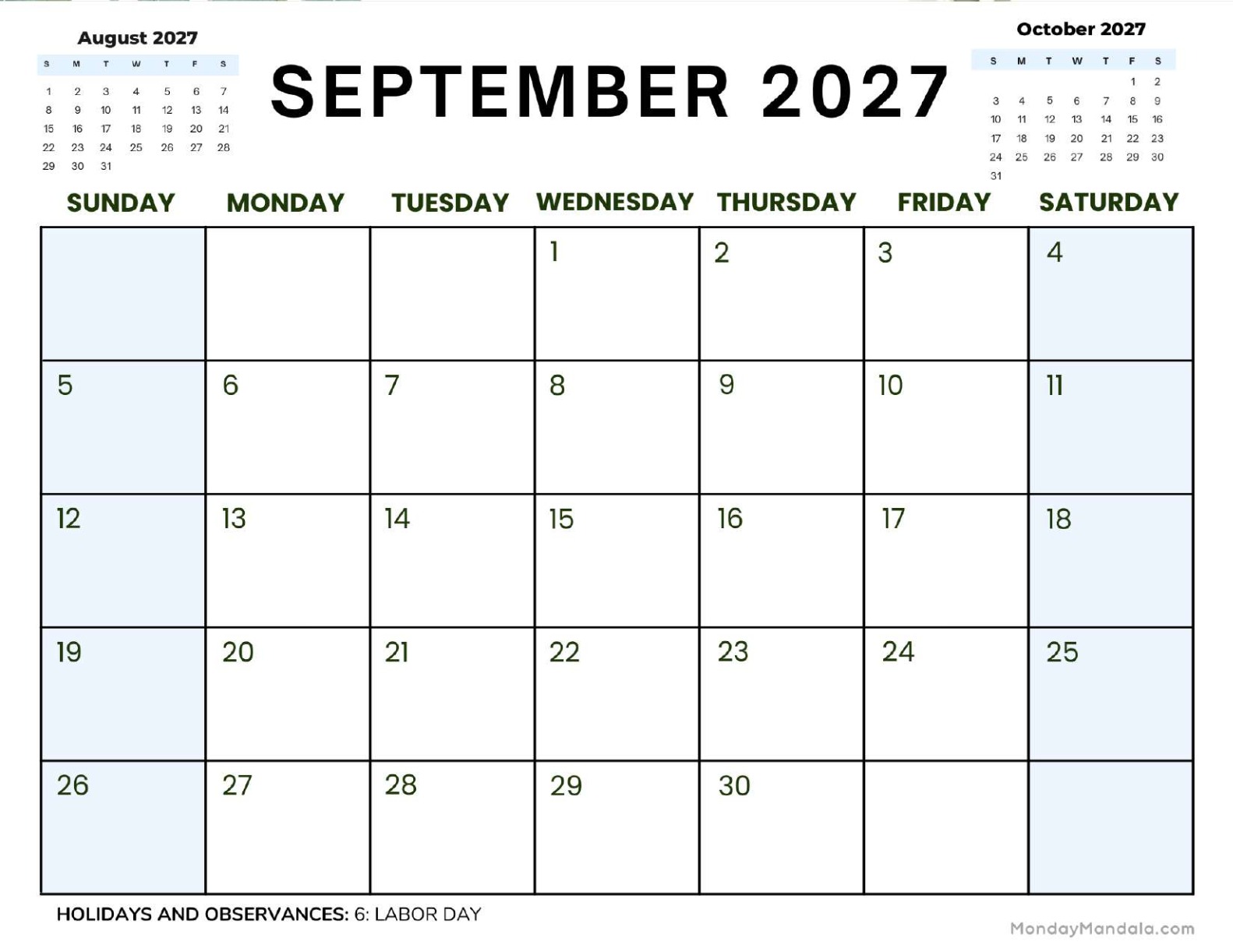 September 2027 Calendar Printable Corporate 2 Landscape