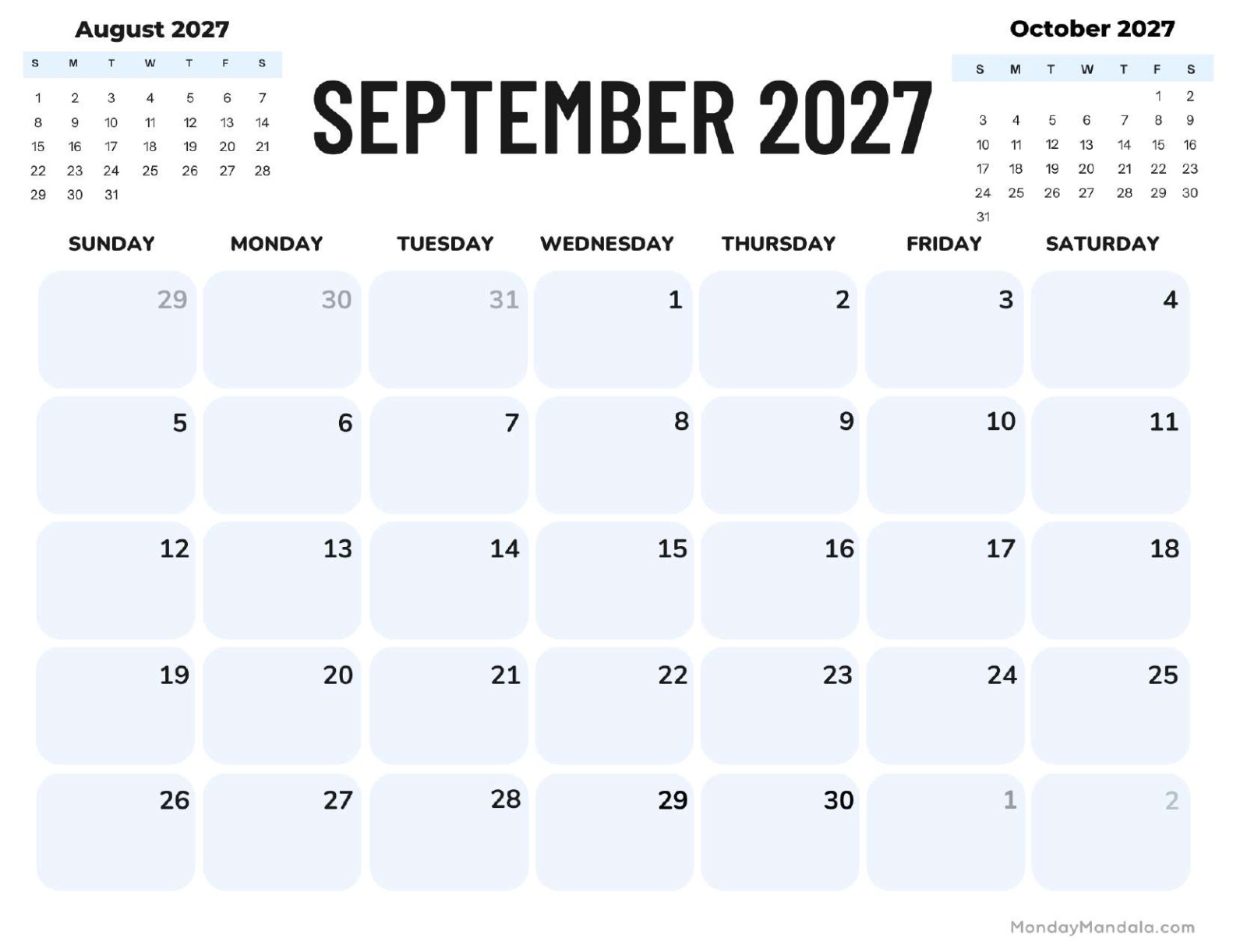 September 2027 Calendar Printable Corporate Landscape