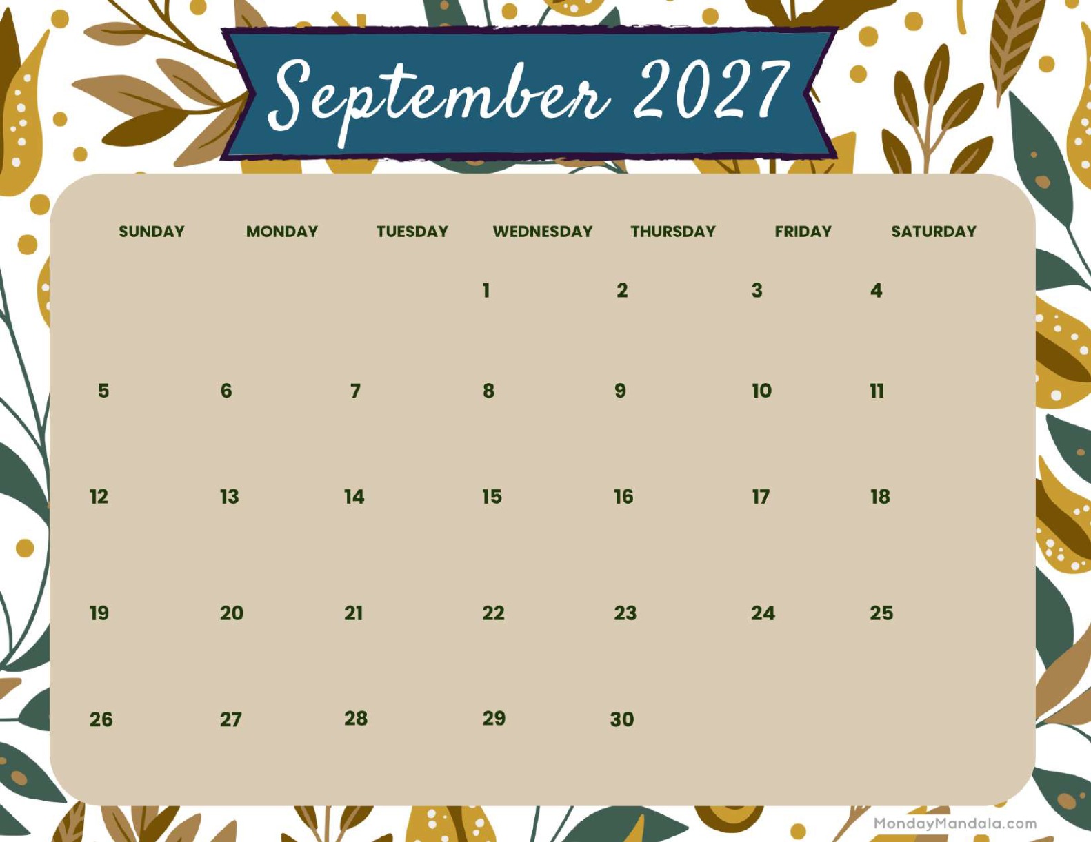 September 2027 Calendar Printable Earthy Landscape
