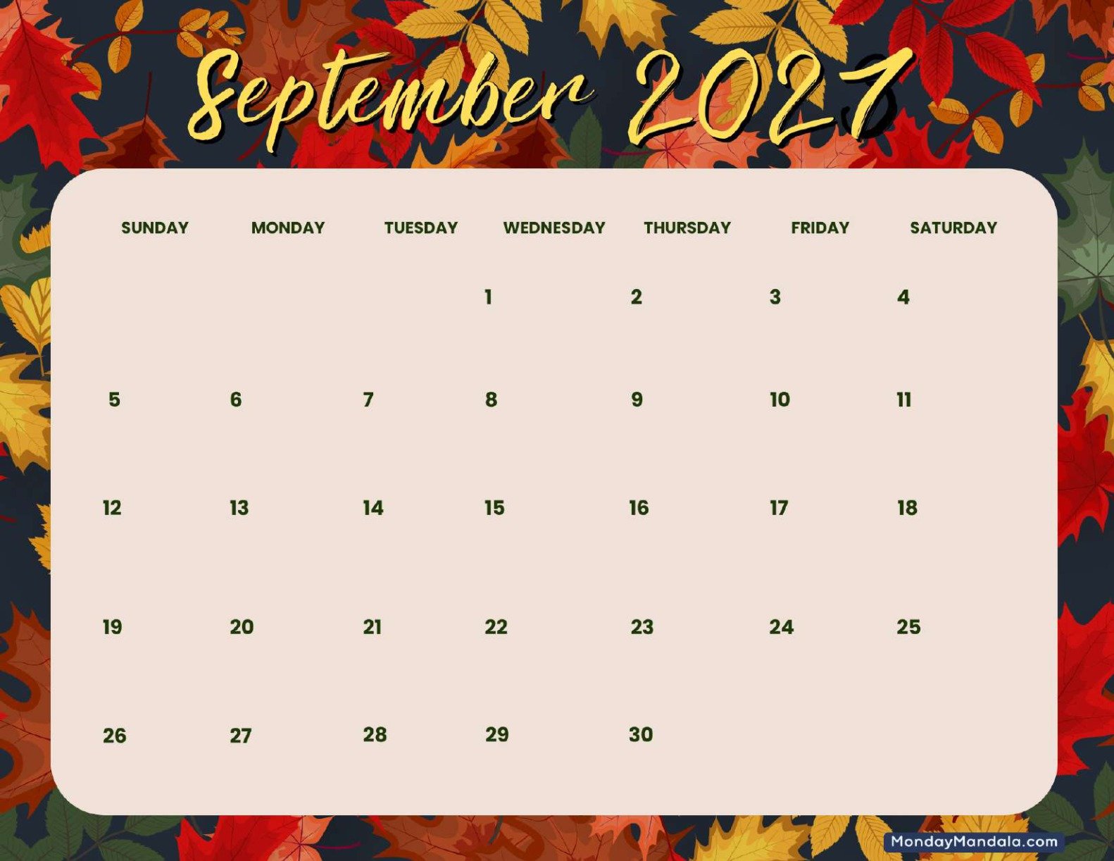 September 2027 Calendar Printable Fall Landscape