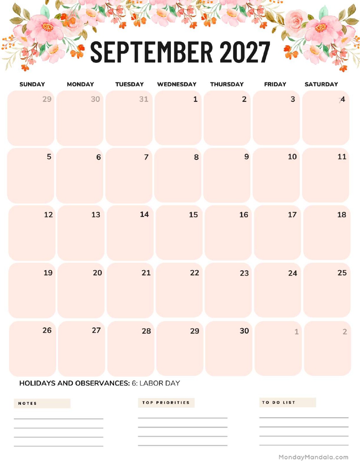 September 2027 Calendar Printable Flowers Portrait