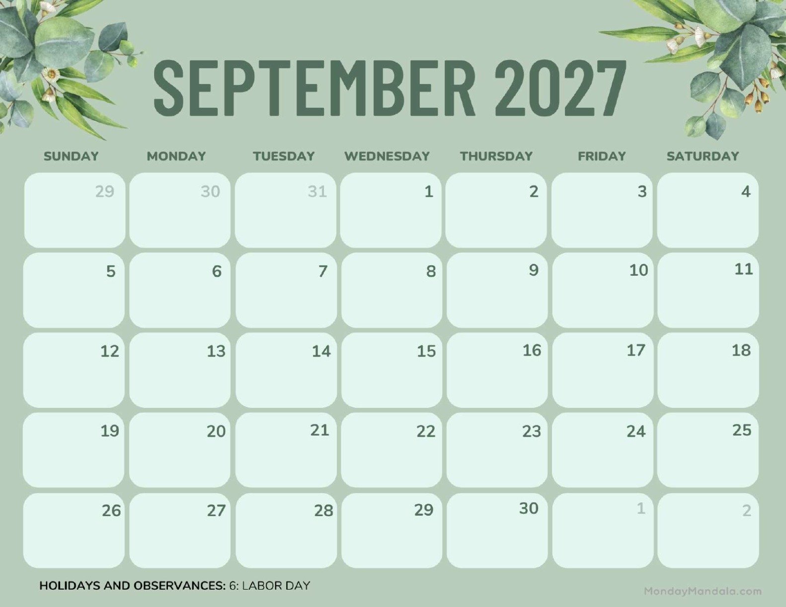September 2027 Calendar Printable Green Landscape