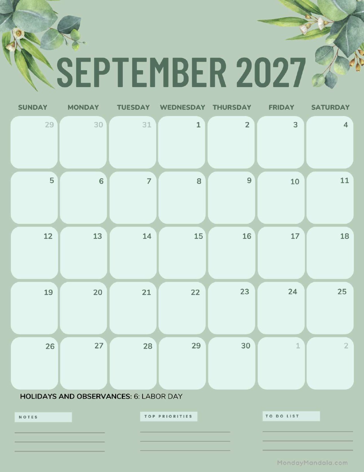 September 2027 Calendar Printable Green Portrait
