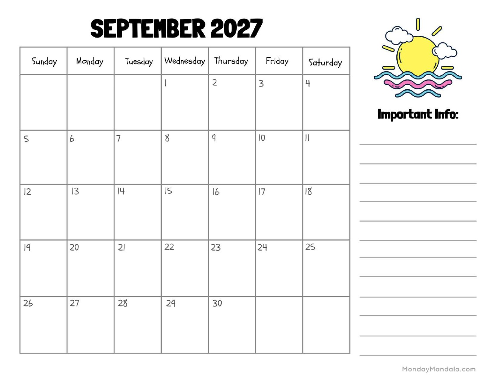September 2027 Calendar Printable Sun Landscape