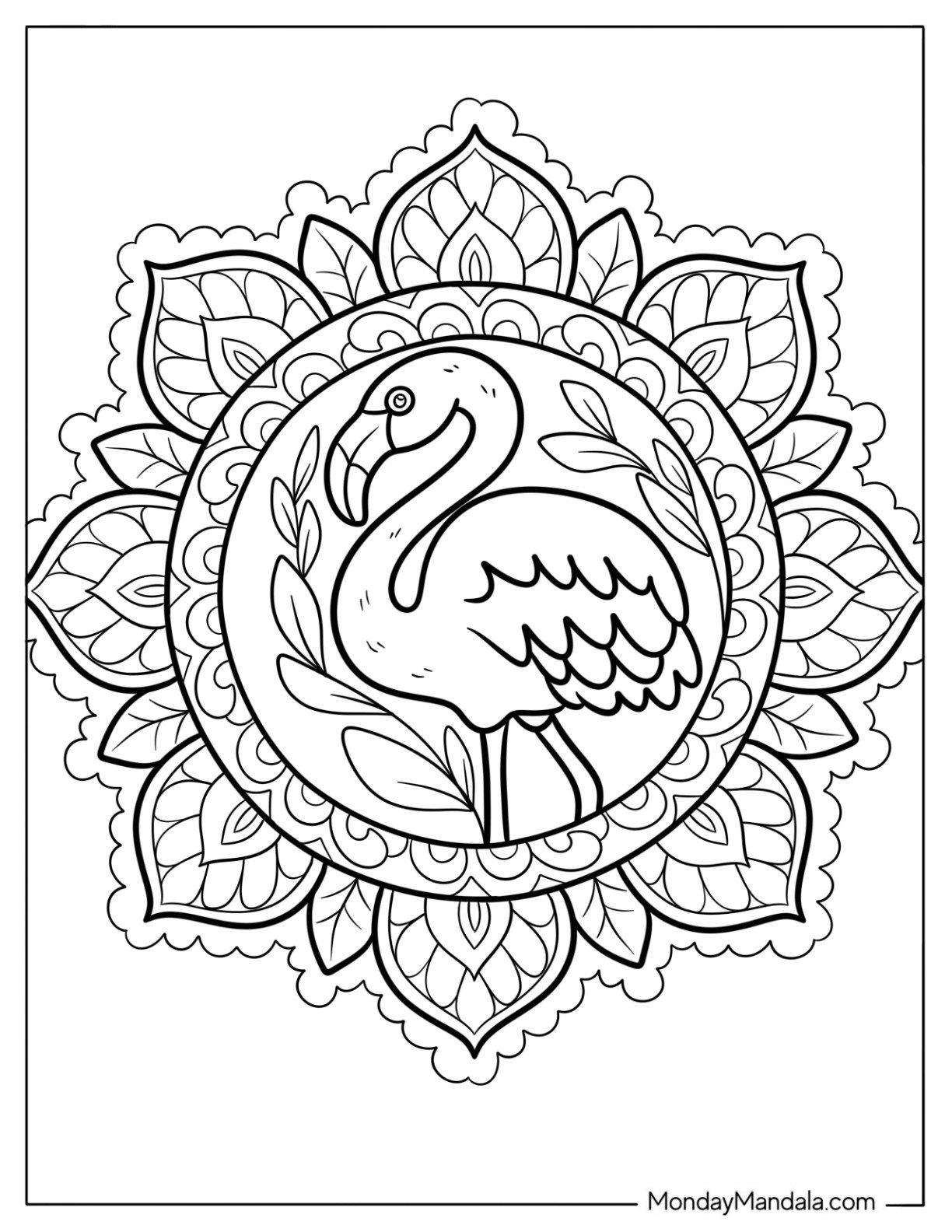 Serene Flamingo and Leaves Mandala Coloring Sheet