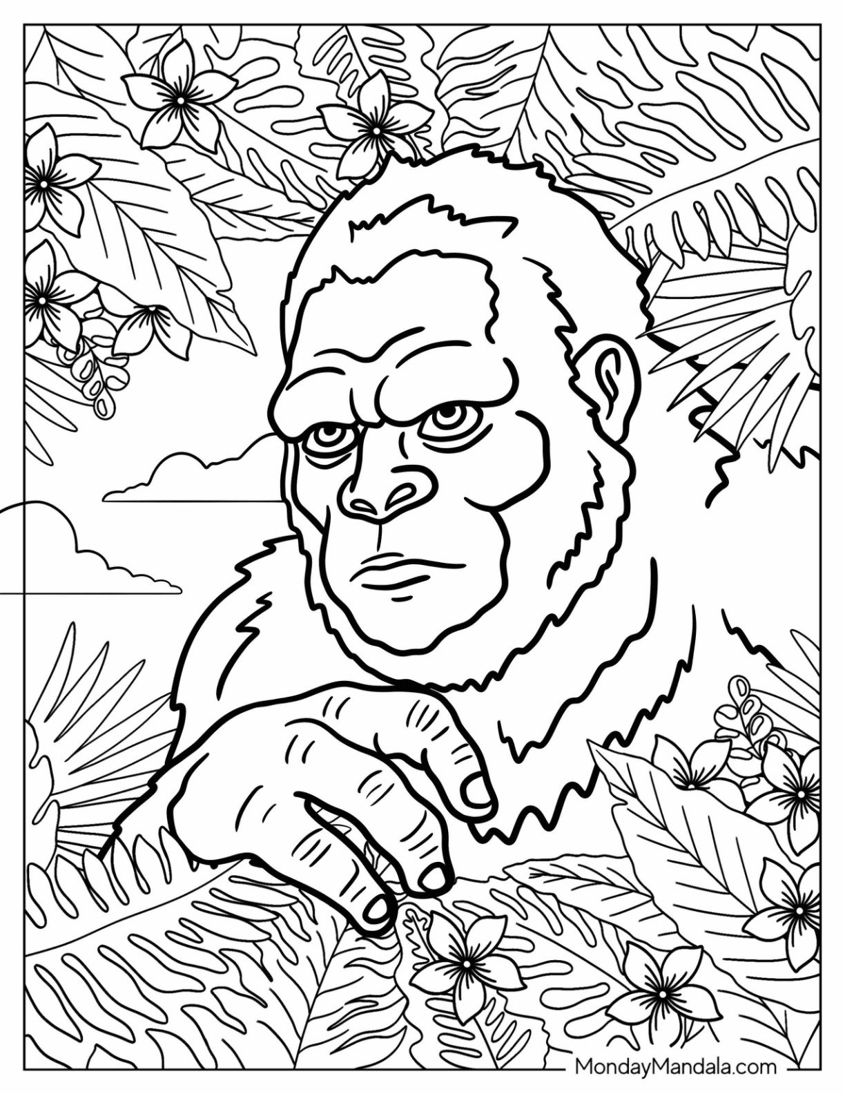 Bigfoot And Yeti Coloring Page of Serious Bigfoot Peeking Through Flowers and Leaves