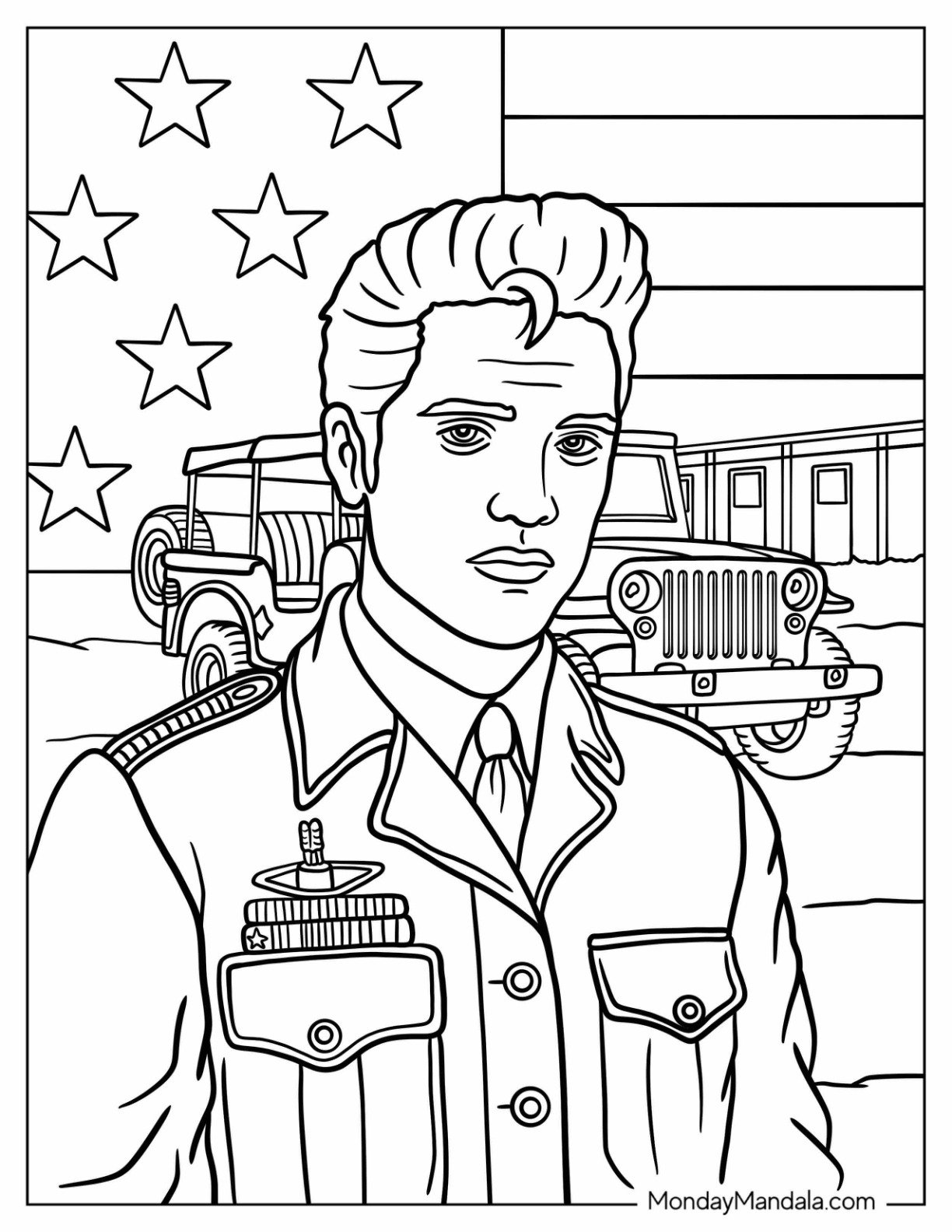 Serious Elvis Coloring Page in Military Uniform with Jeep and US Flag in the Background