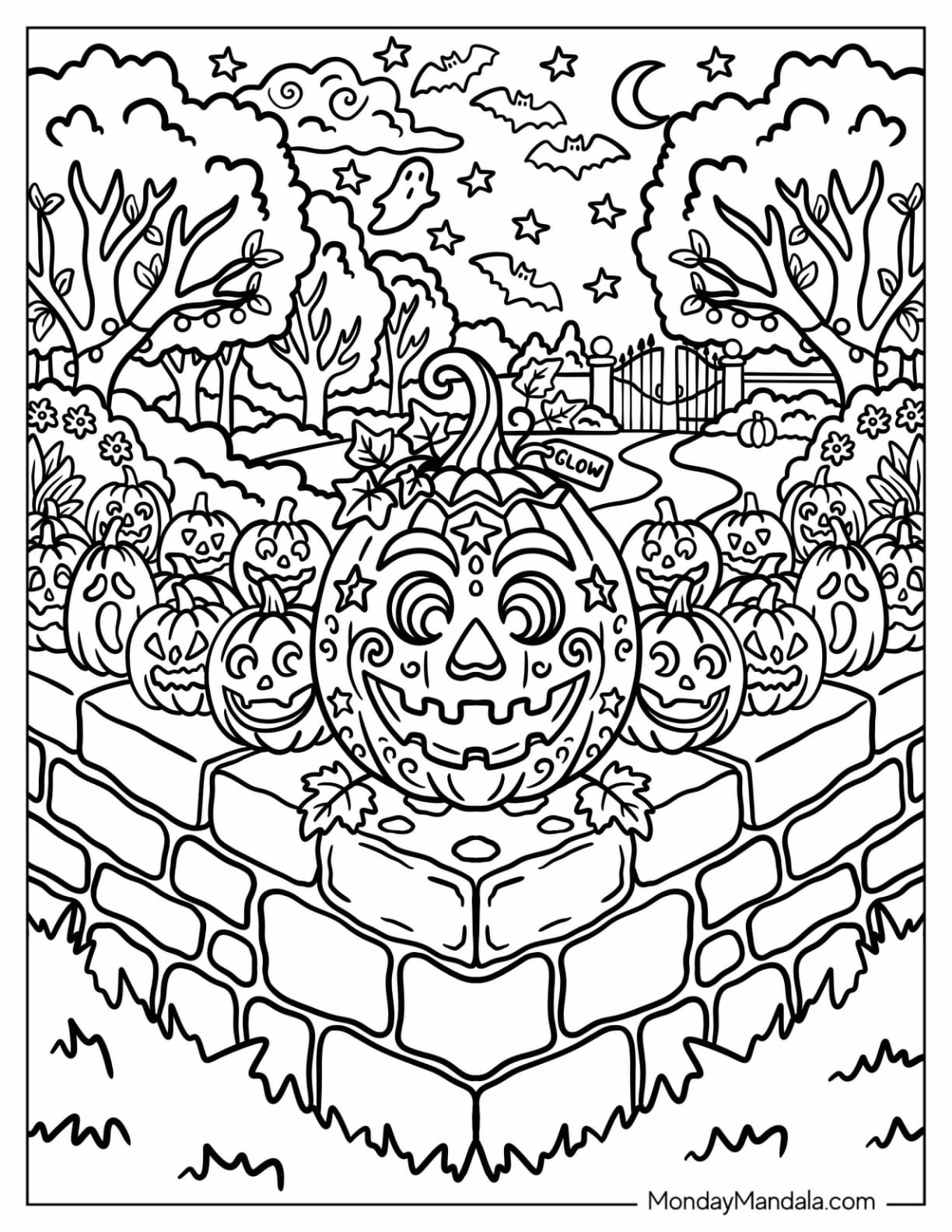 Several Jack o Lanterns on a Fence Coloring Page