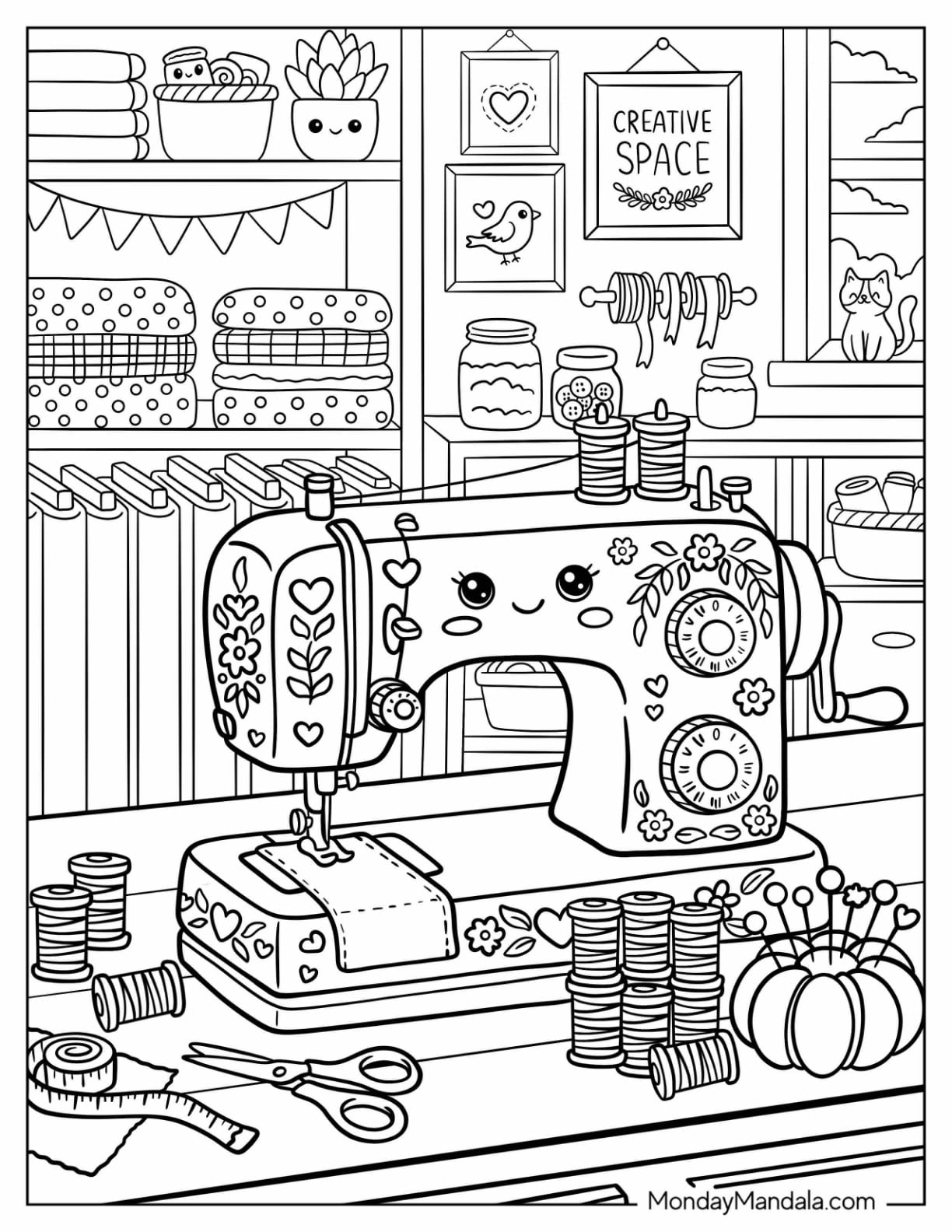 Sewing Room with Vintage Sewing Machine, Fabrics, Thread, and Craft Supplies Coloring Page for Adults