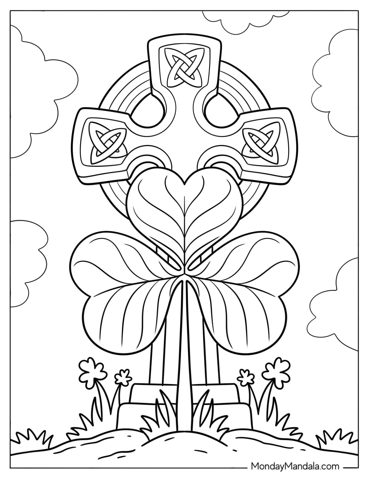 Shamrock Coloring Page in front of a Celtic Cross