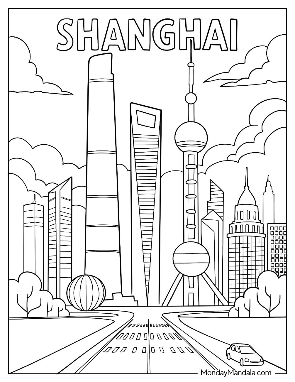 Shanghai City Coloring Page Skyline with Skyscrapers and Oriental Pearl Tower