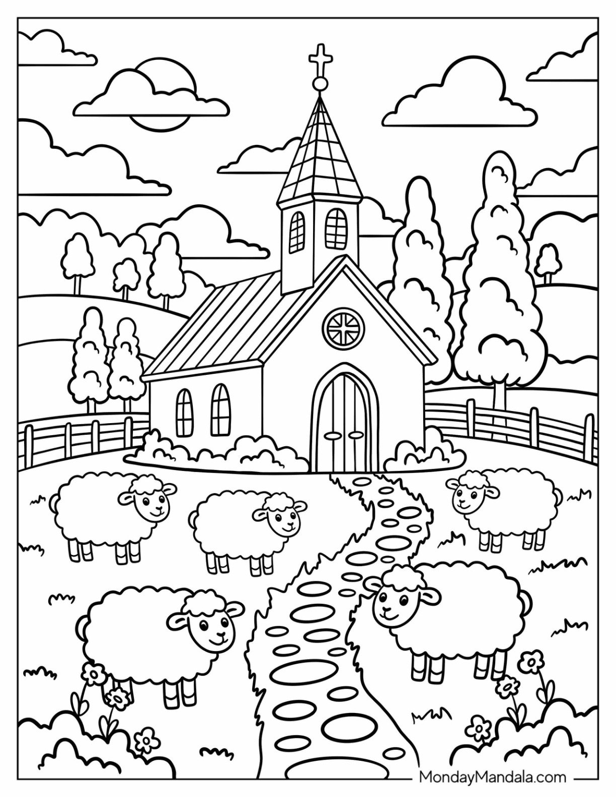 Sheep in Field Around Countryside Church Coloring Page with Trees and Clouds
