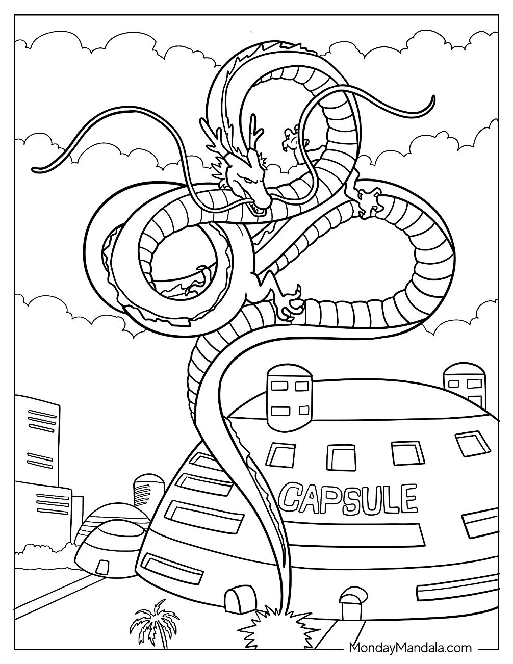 Shenron Dragon Over Capsule Corp Dragon Ball Z Coloring Page