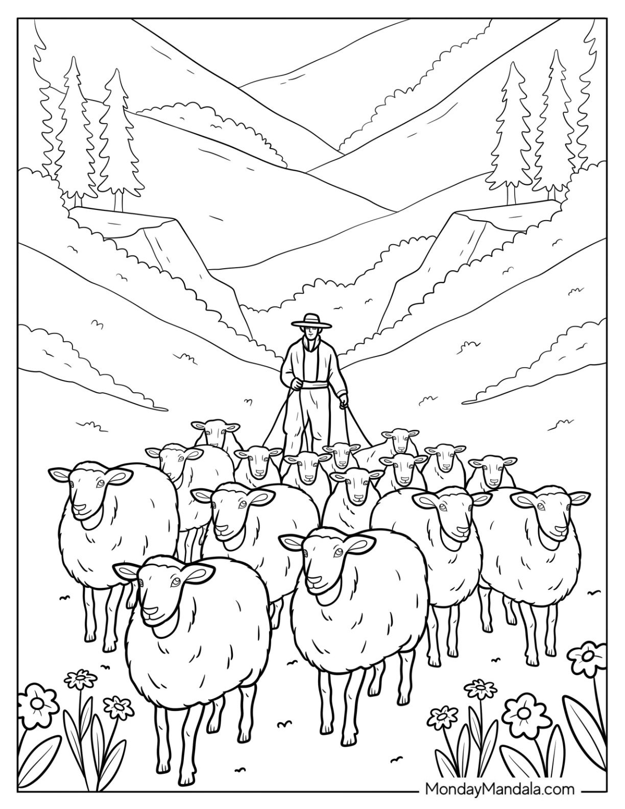 Shepherd Leading a Flock of Sheep Coloring Page Through Mountain Fields
