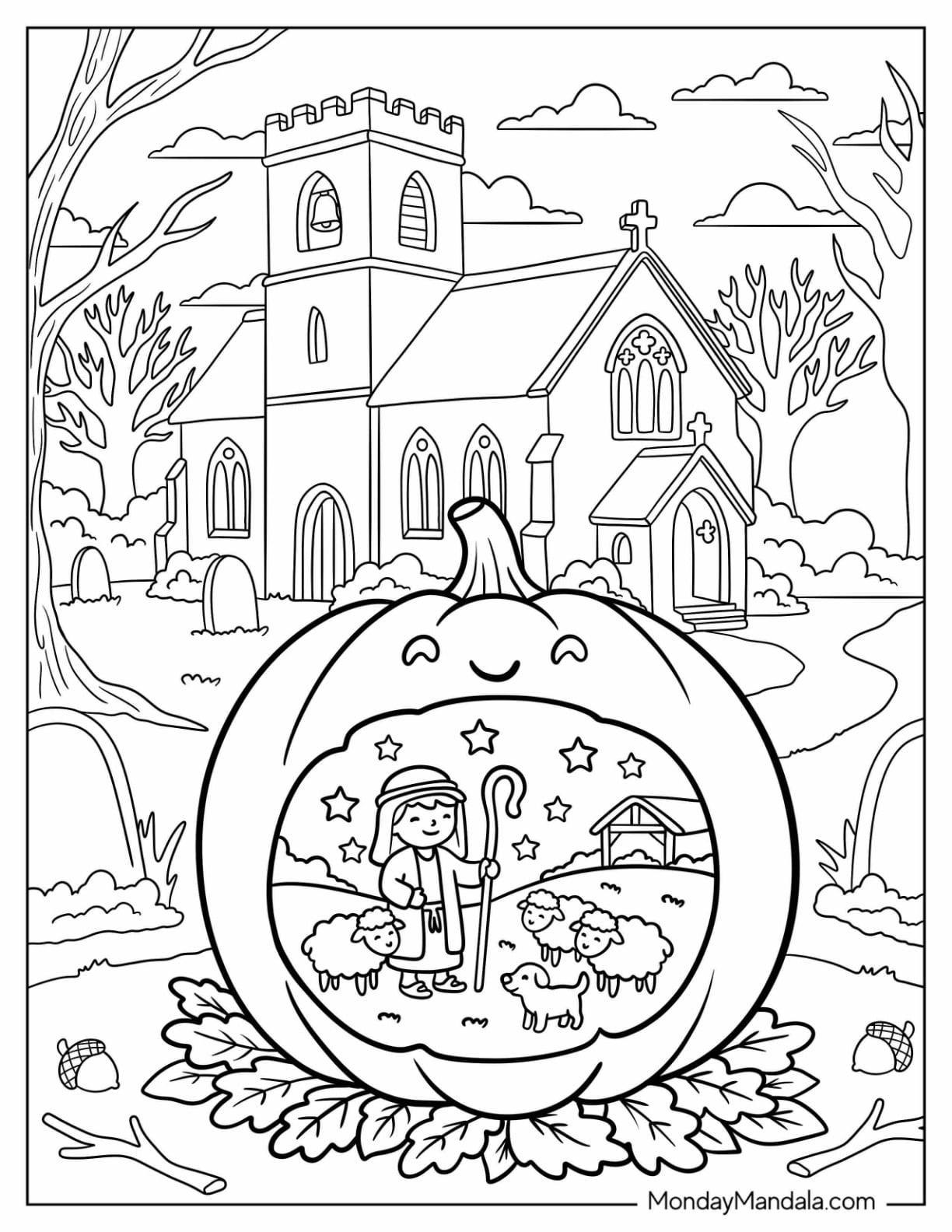 Shepherd Scene in a Pumpkin on Christian Halloween Coloring Page