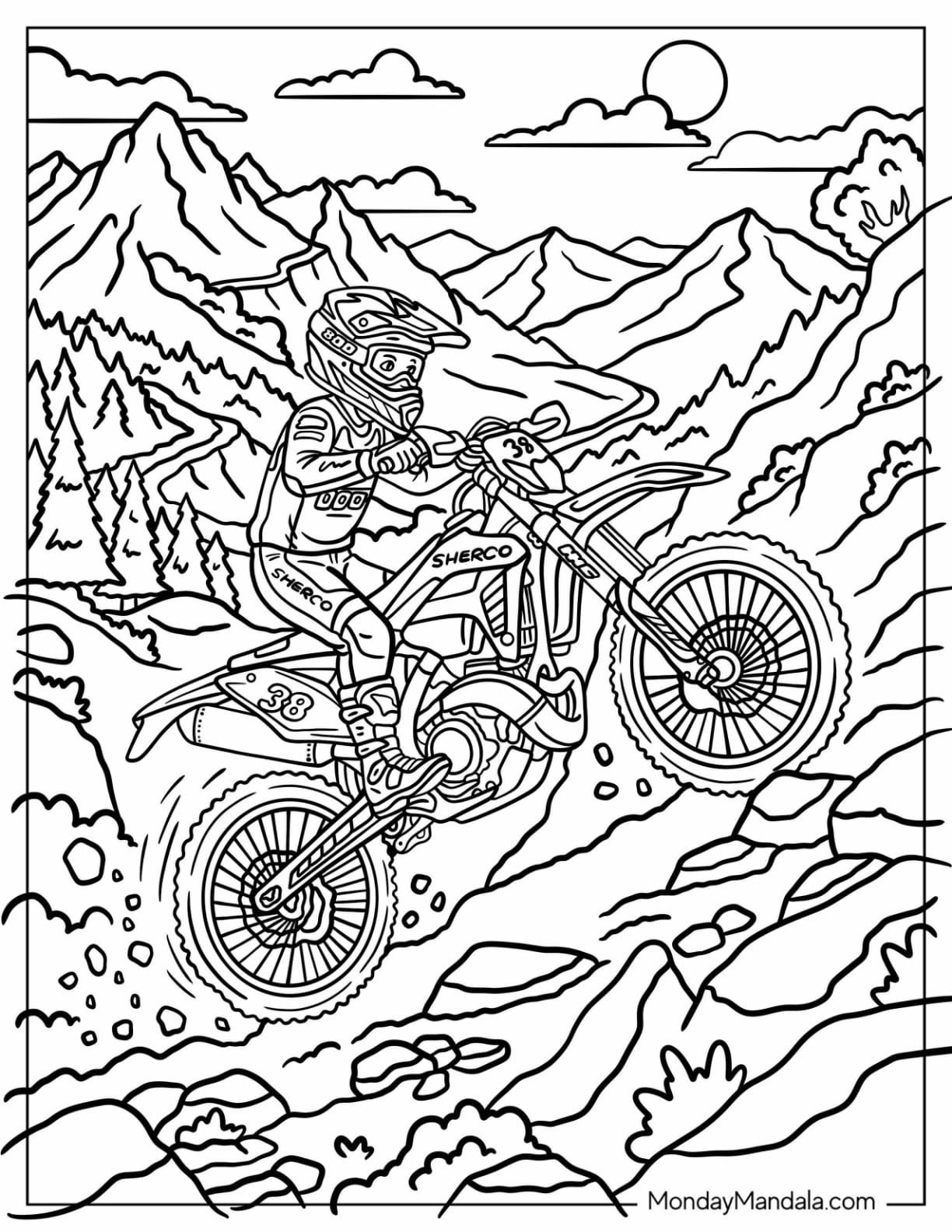 Sherco Dirt Bike Rider Climbing a Rocky Mountain Trail Coloring Sheet