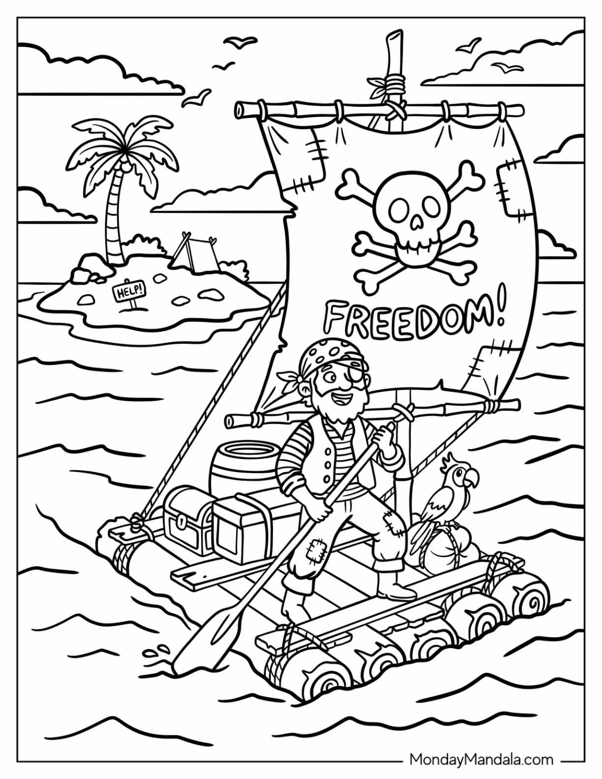 Shipwrecked Pirate Sailing a Raft Toward a Deserted Island Coloring Page