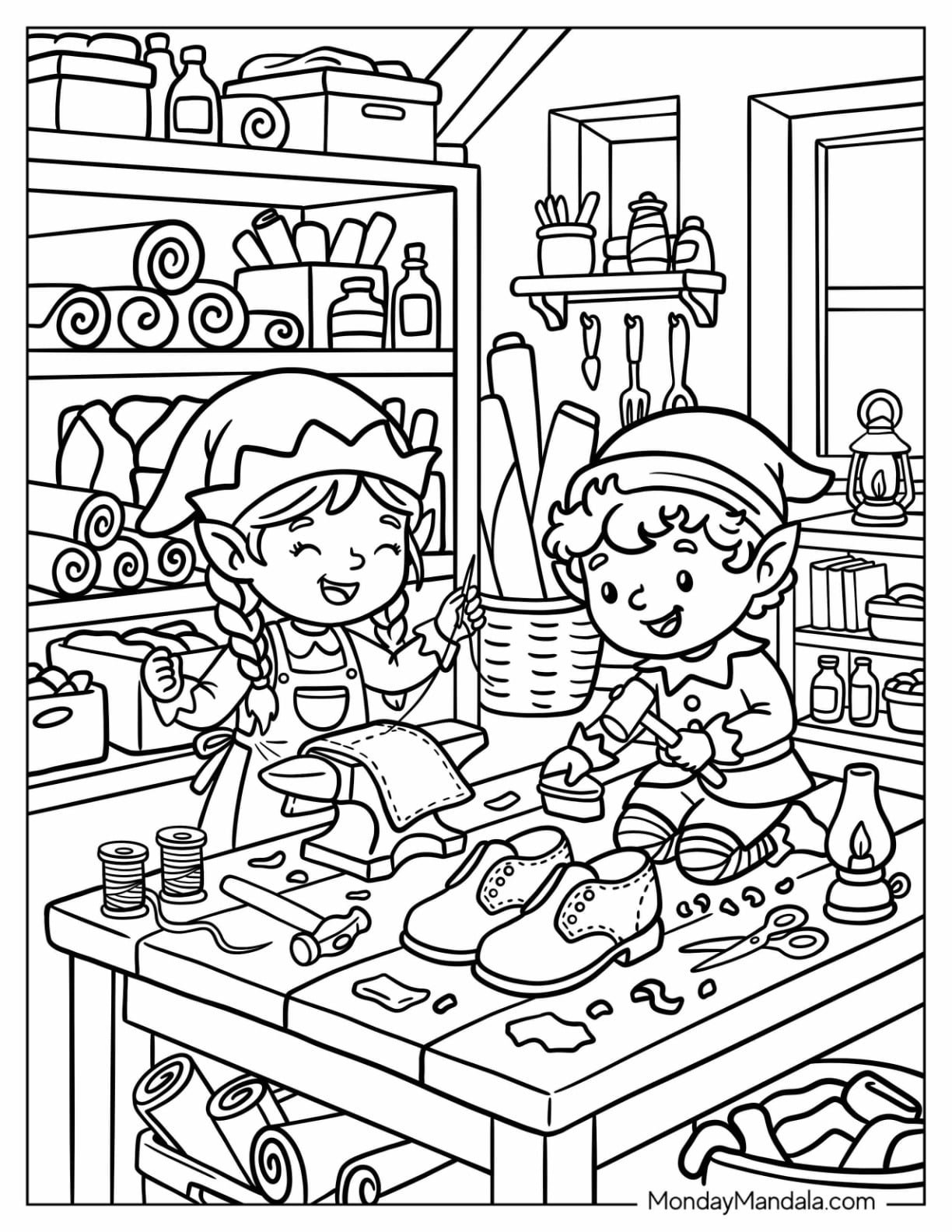 Shoemaker’s Elves Crafting Shoes in a Workshop Coloring Page