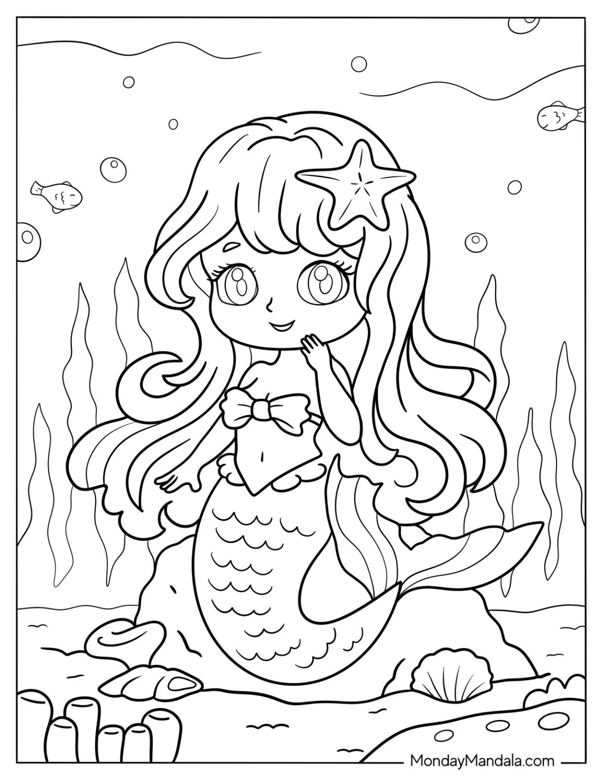 Shy Mermaid Coloring Page Sitting with Seaweed and Corals