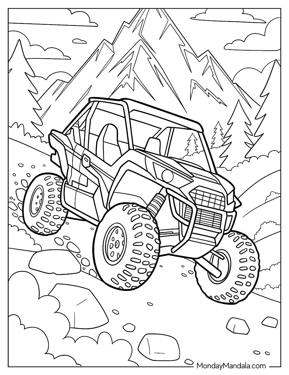 Side by Side UTV Coloring Page Climbing a Rocky Mountain Trail for Kids