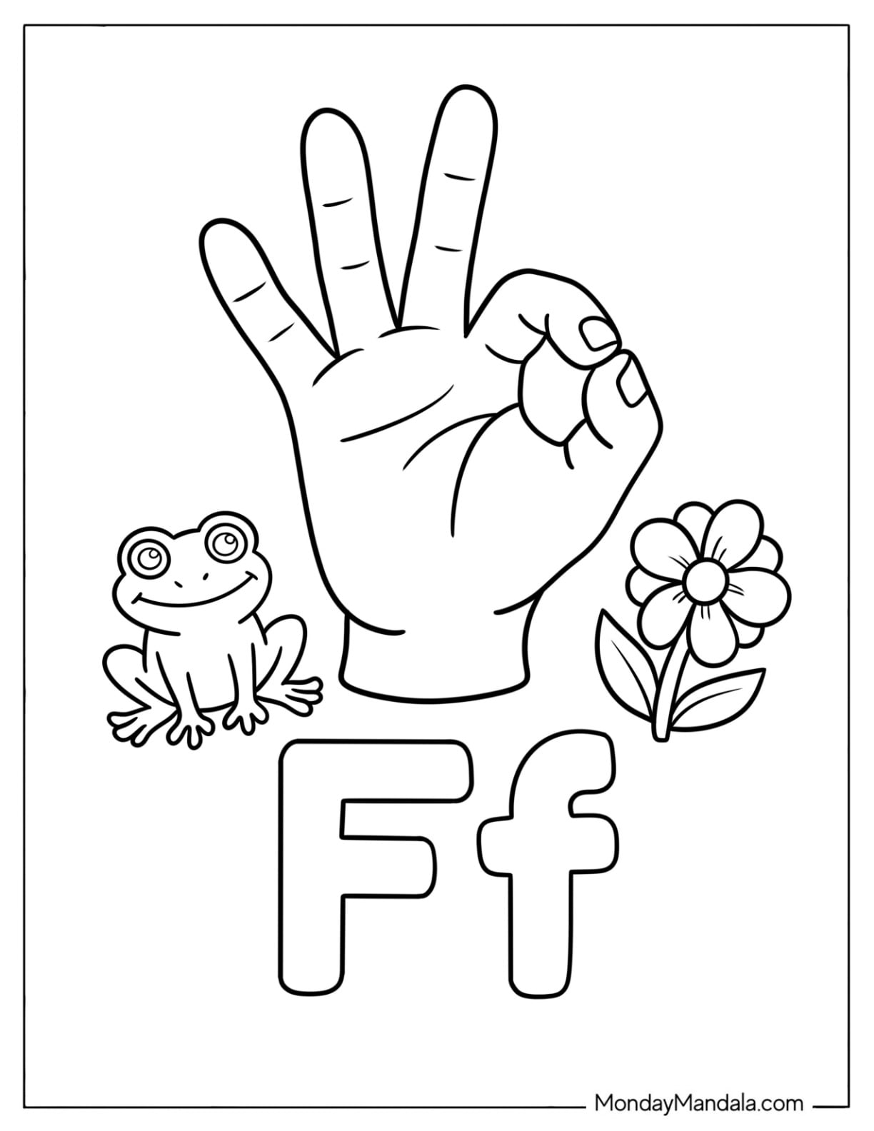 Sign Language Letter F Coloring Page ASL with Frog and Flower