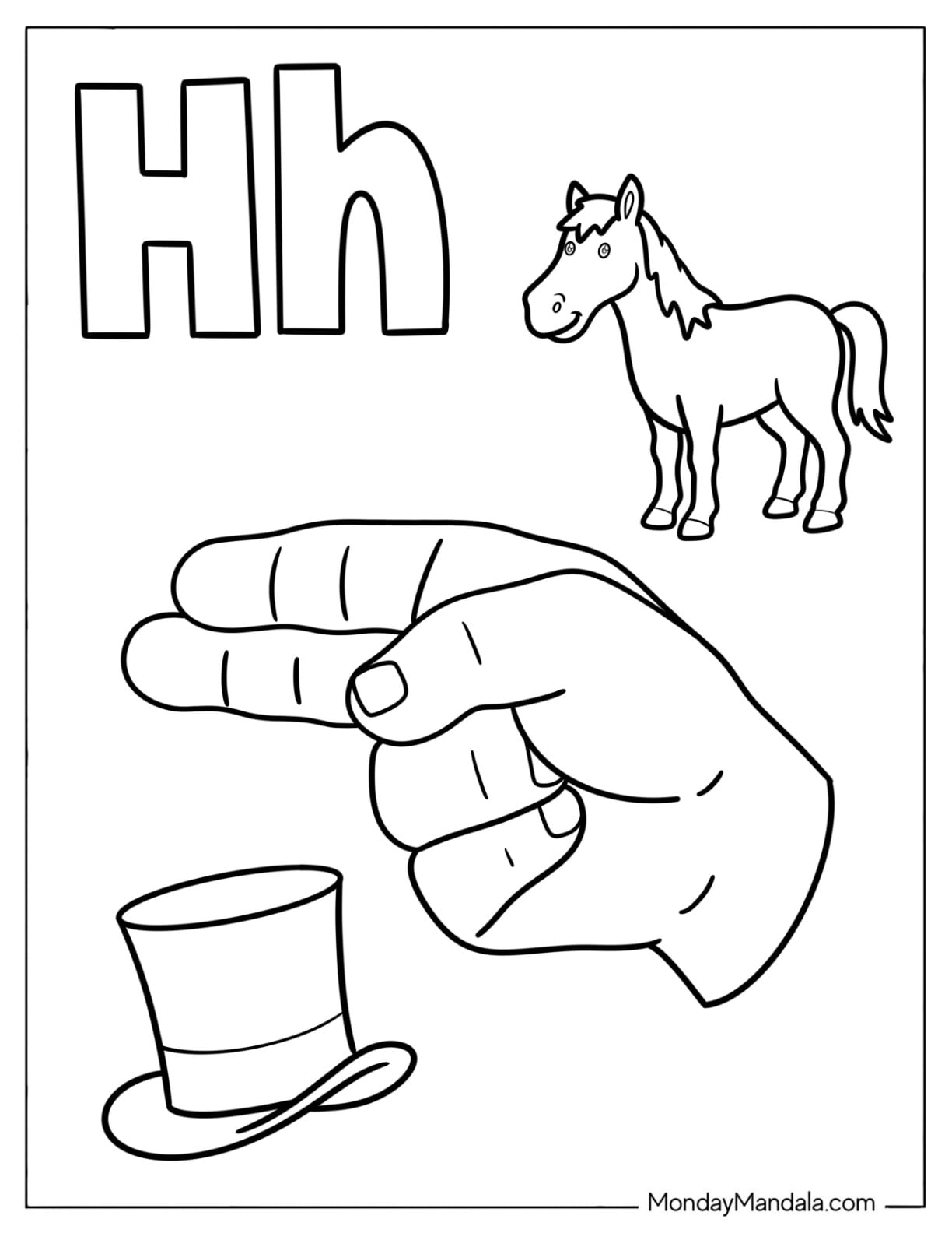 Sign Language Letter H Coloring Page ASL with Horse and Hat