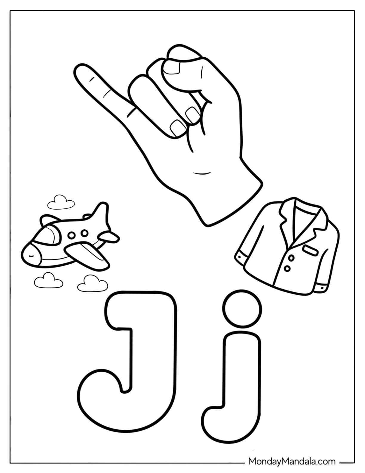 Sign Language Letter J Coloring Page ASL with Jet and Jacket