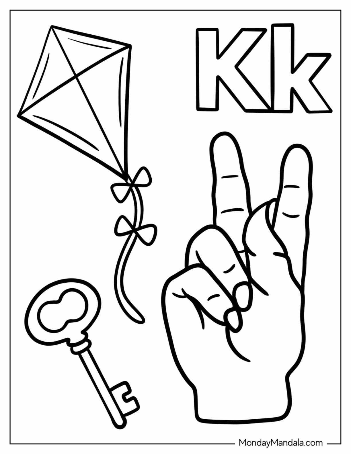 Sign Language Letter K Coloring Page ASL with Key and Kite