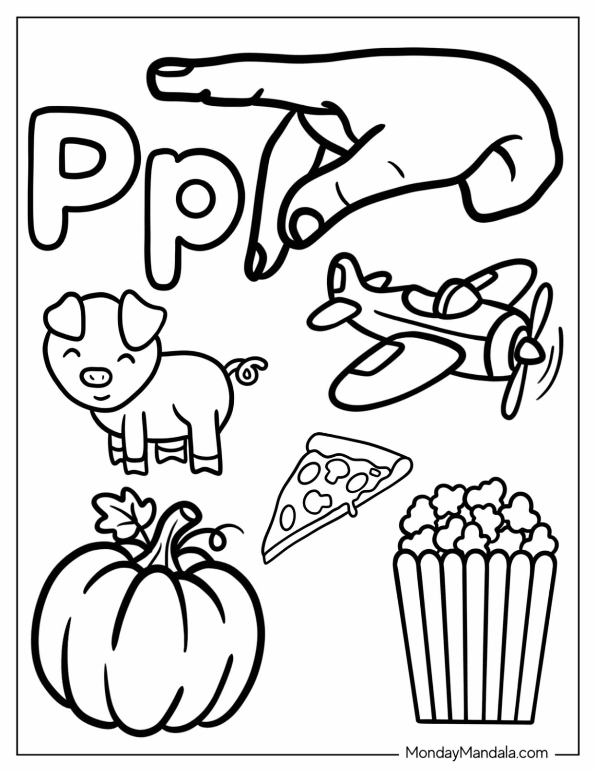 Sign Language Letter P Coloring Page ASL with Pumpkin, Pig, Plane, and Popcorn