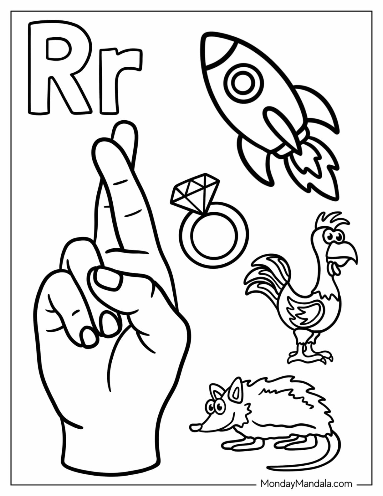 Sign Language Letter R Coloring Page ASL with Rocket, Rat, Ring, and Rooster