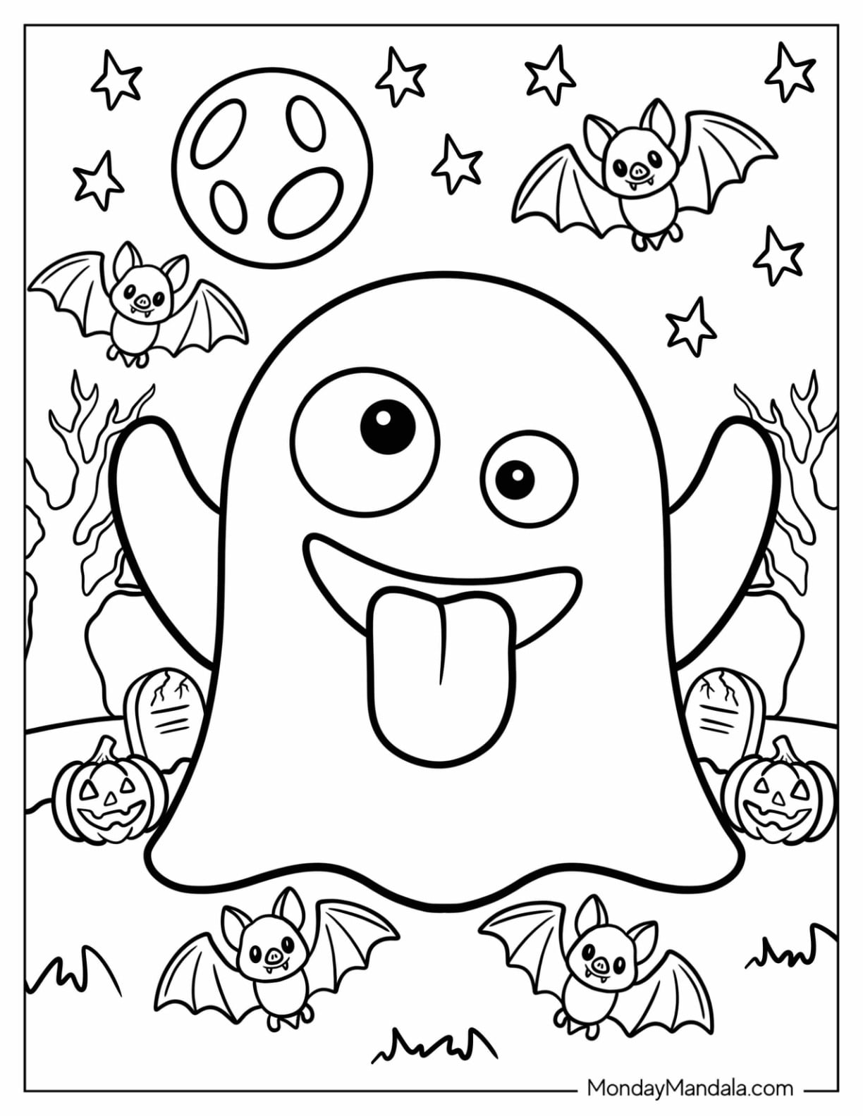 Silly Ghost Emoji Coloring Page in a Halloween Graveyard for Kids