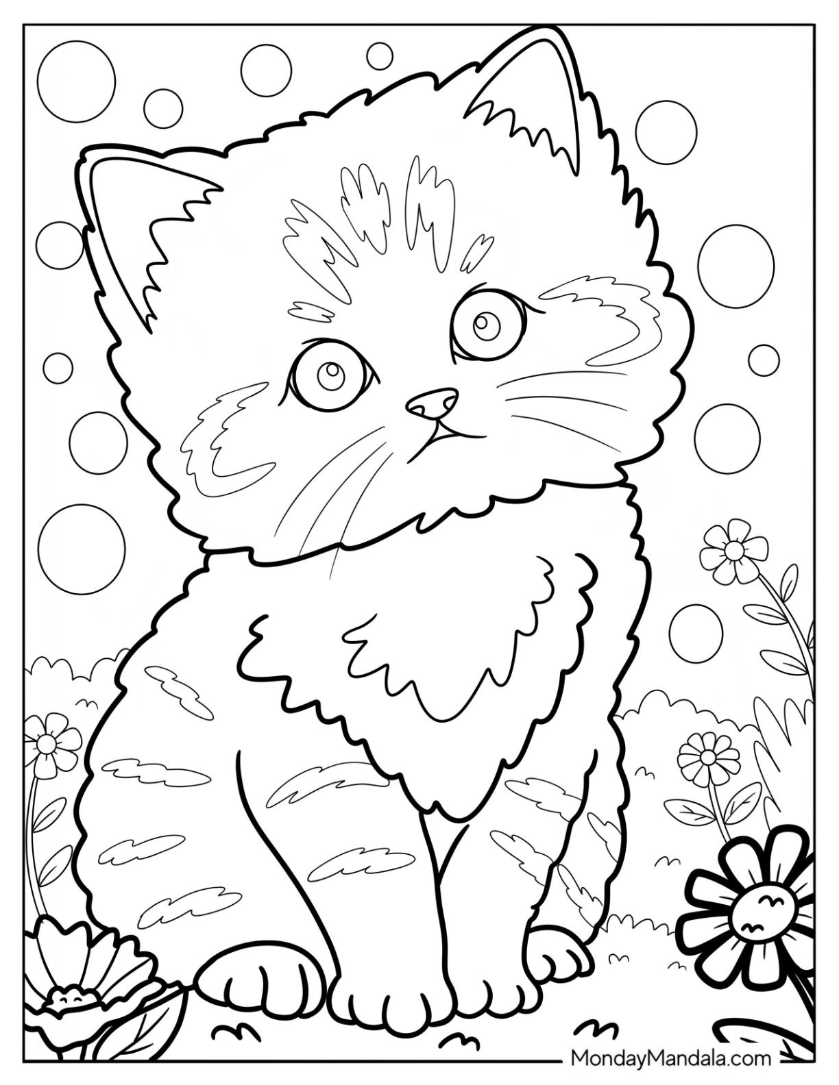 Silly Kitten Coloring Page with Stripes in a Flower Garden