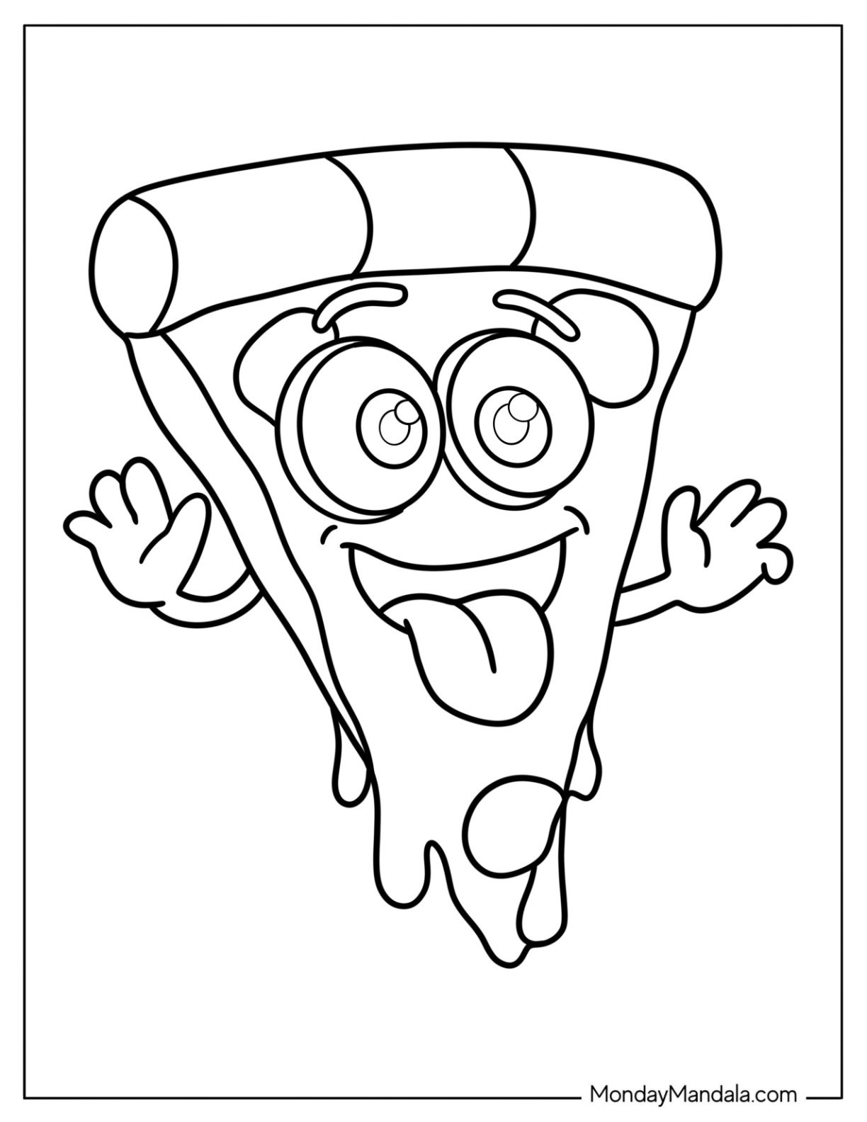 Silly Pizza Coloring Page Slice with Tongue Out and Hands for Preschoolers