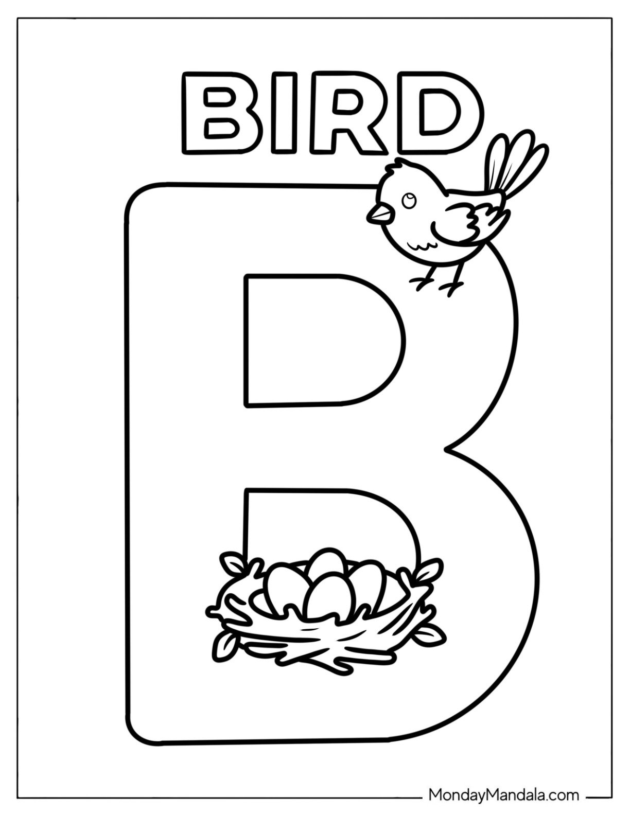 Simple Letter B Coloring Page is for Bird with Nest and Eggs for Preschoolers