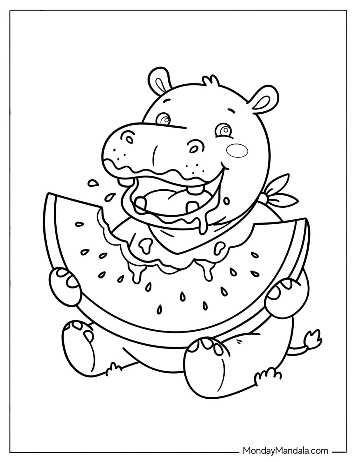 Simple Baby Hippo Eating Watermelon Coloring Page for Kids
