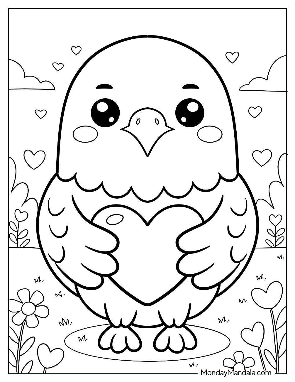 Simple Bald Eagle Coloring Page Holding a Love Heart for Preschoolers
