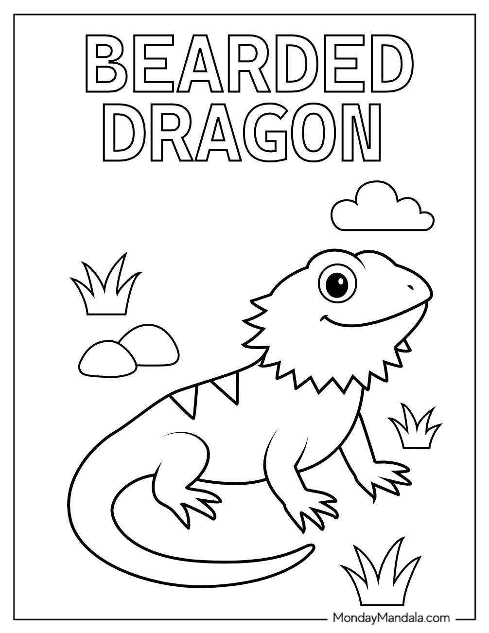 Simple Bearded Dragon Coloring Page with Text for Preschoolers