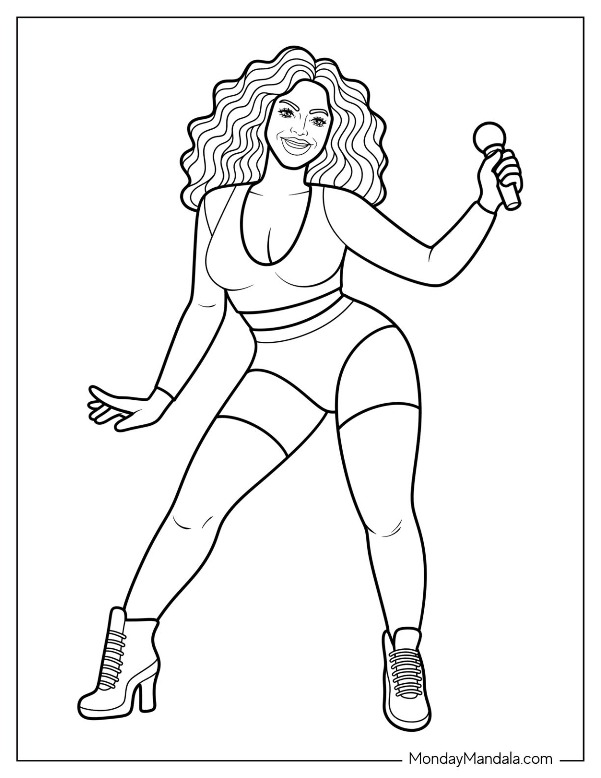 Simple Beyoncé Coloring Page Striking a Dance Pose With Energetic Style and Big Curls for Kids