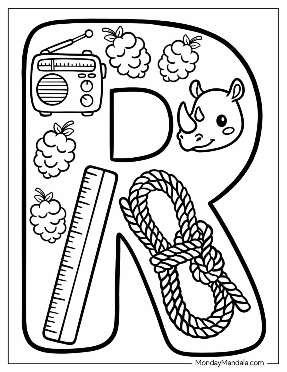 Simple Big Letter R Coloring Page with Rhino, Rope, Ruler, Riberry, and Radio