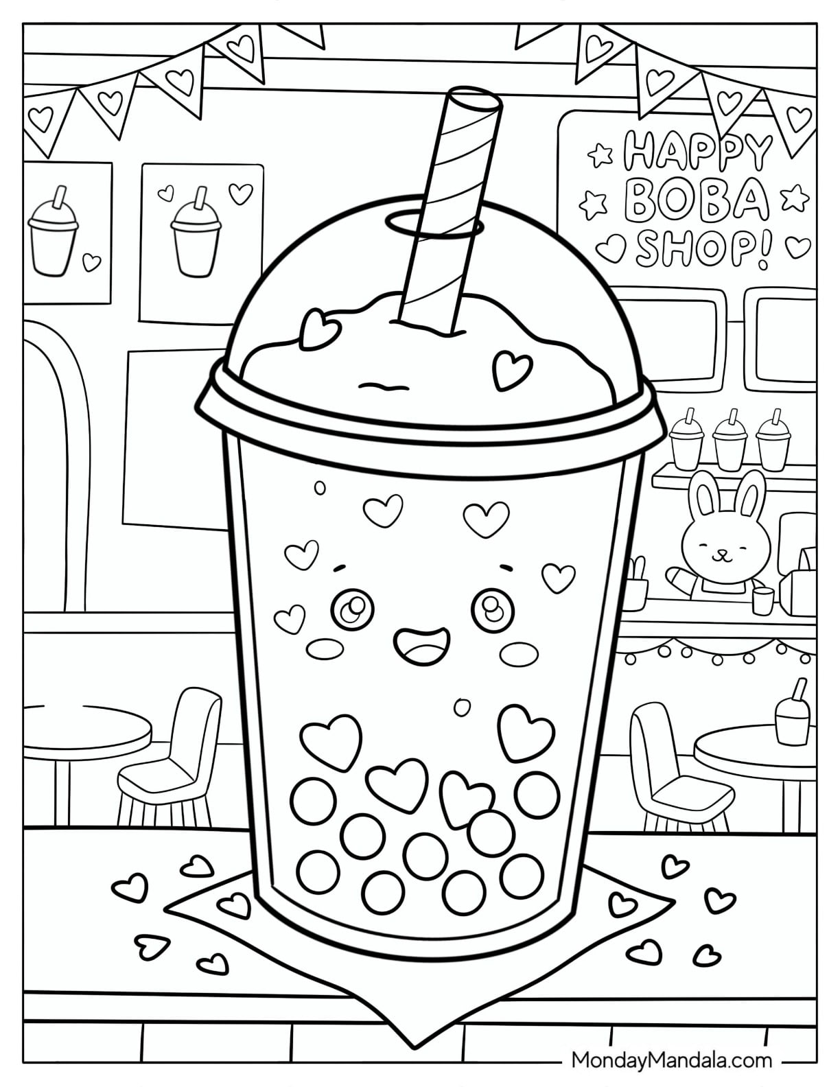 Simple Boba Tea with Hearts in a Shop Coloring Sheet