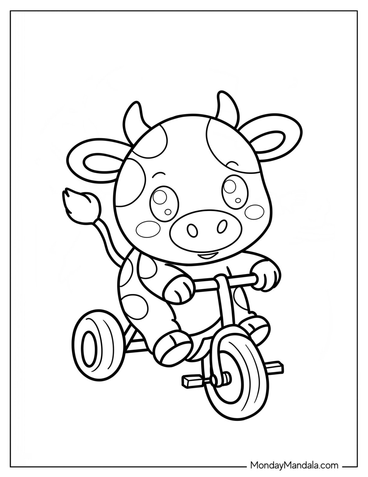 Simple Cartoon Cow Coloring Page Riding A Bicycle for Preschoolers