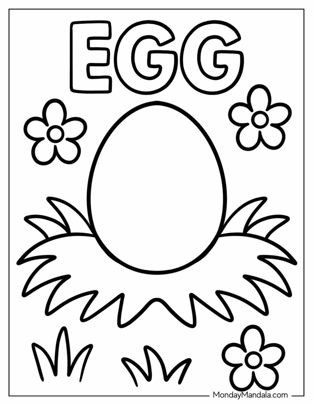 Simple Chicken Egg in a Nest With Flowers Coloring Sheet for Preschoolers