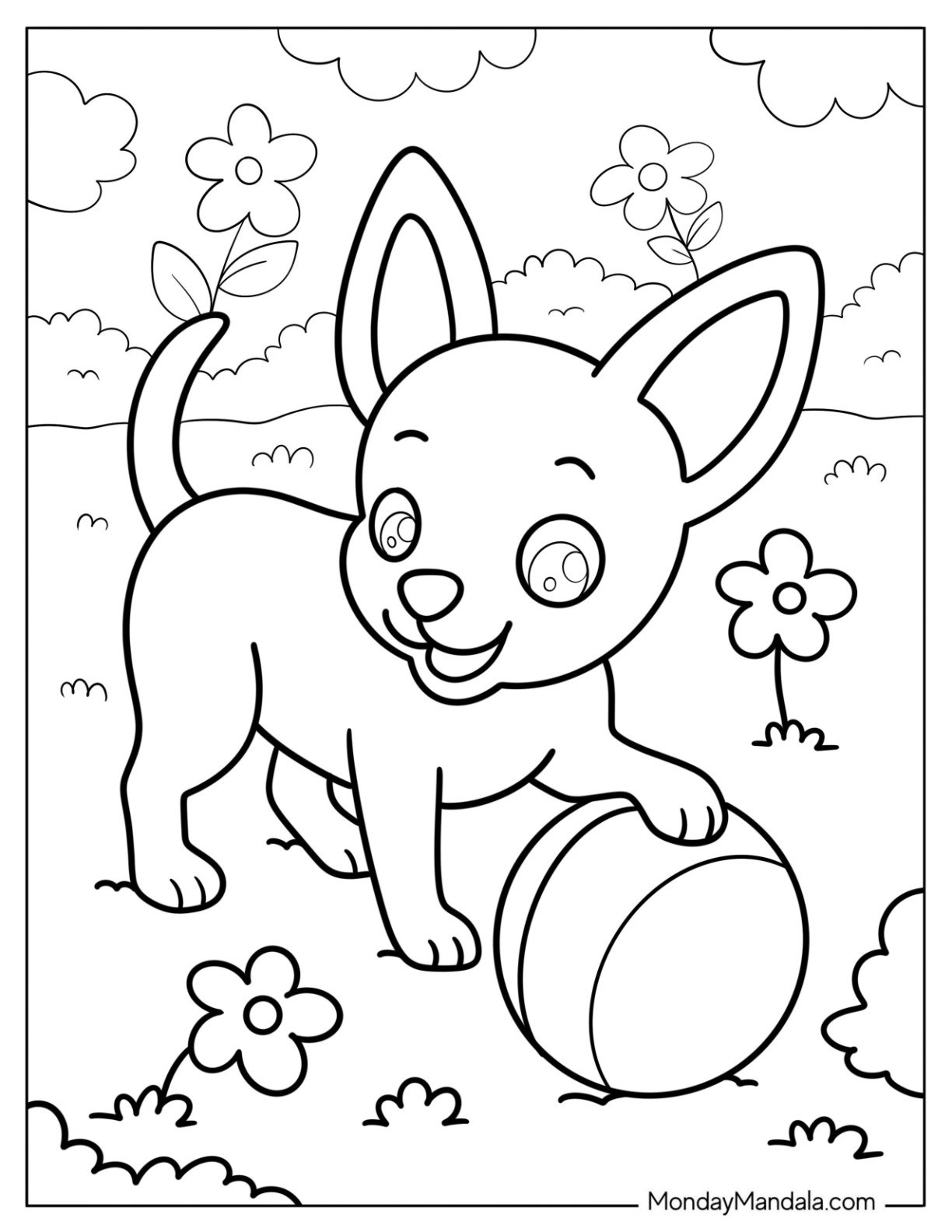 Simple Chihuahua Coloring Page Pawing a Ball in the Backyard for Preschoolers