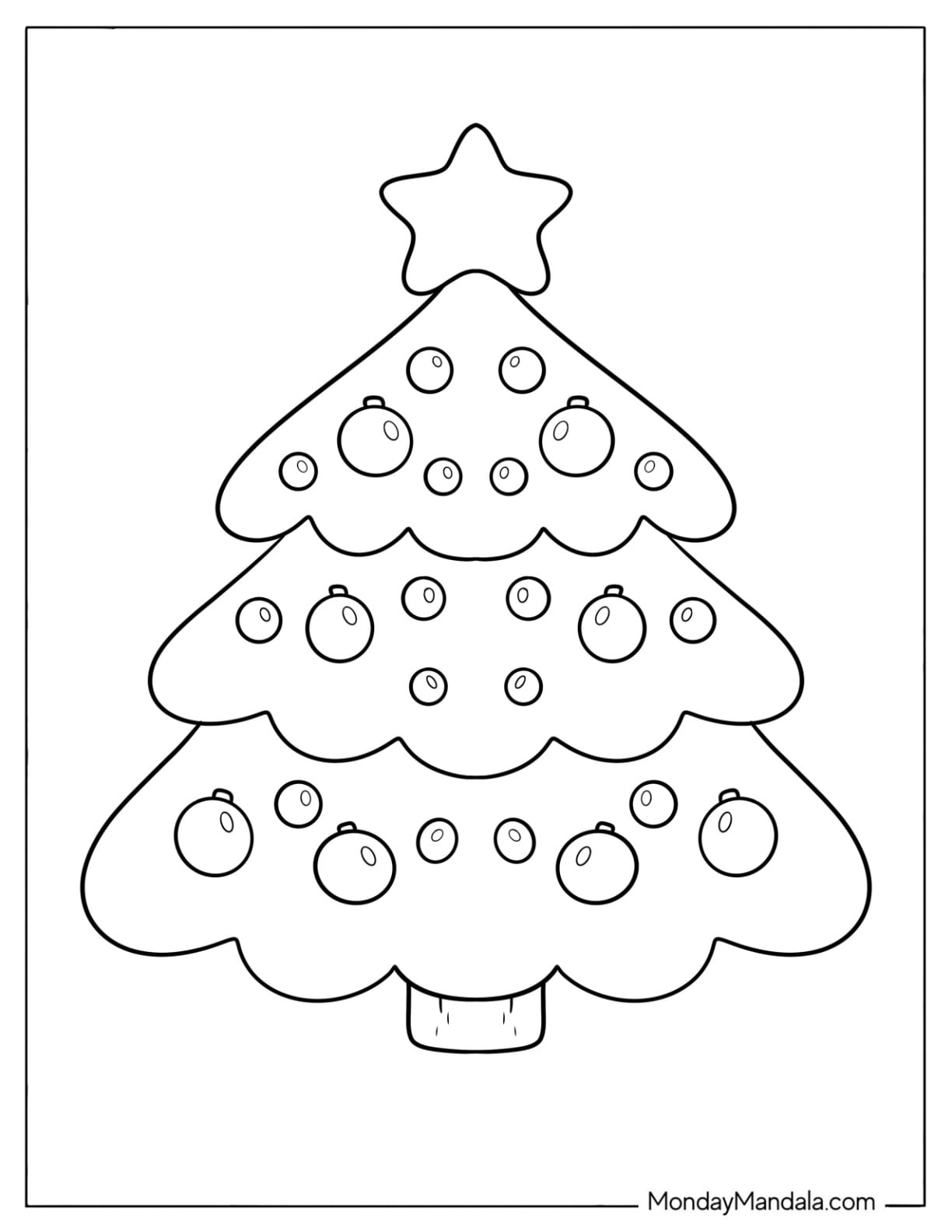 Simple Christmas Tree Coloring Page with Baubles for Preschoolers