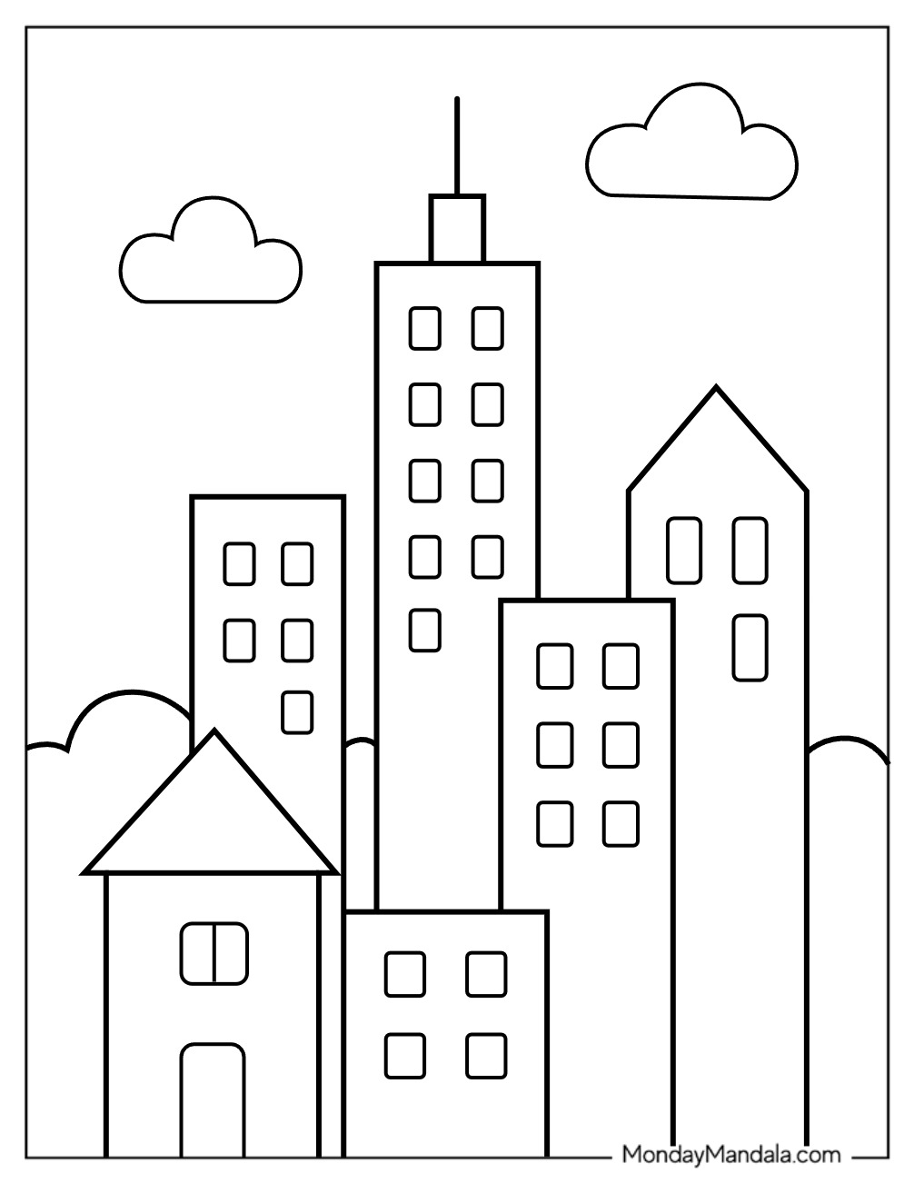 Simple City Coloring Page for Kids with Basic Buildings and Clouds