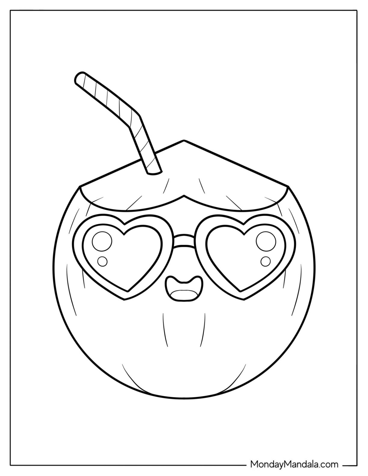 Simple Coconut With Love Heart Sunglasses Coloring Page for Preschoolers