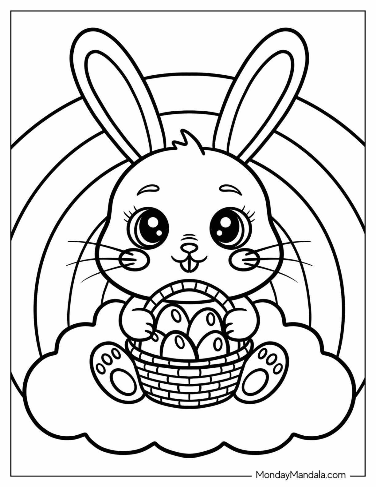 Simple Easter Bunny Holding a Basket of Easter Eggs Under a Rainbow Coloring Sheet for Preschoolers