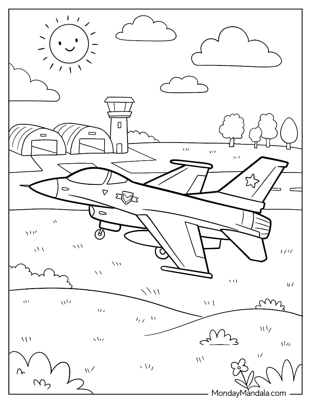 Simple F 16 Fighting Falcon Fighter Jet Taking Off from an Airbase Coloring Page for Kids
