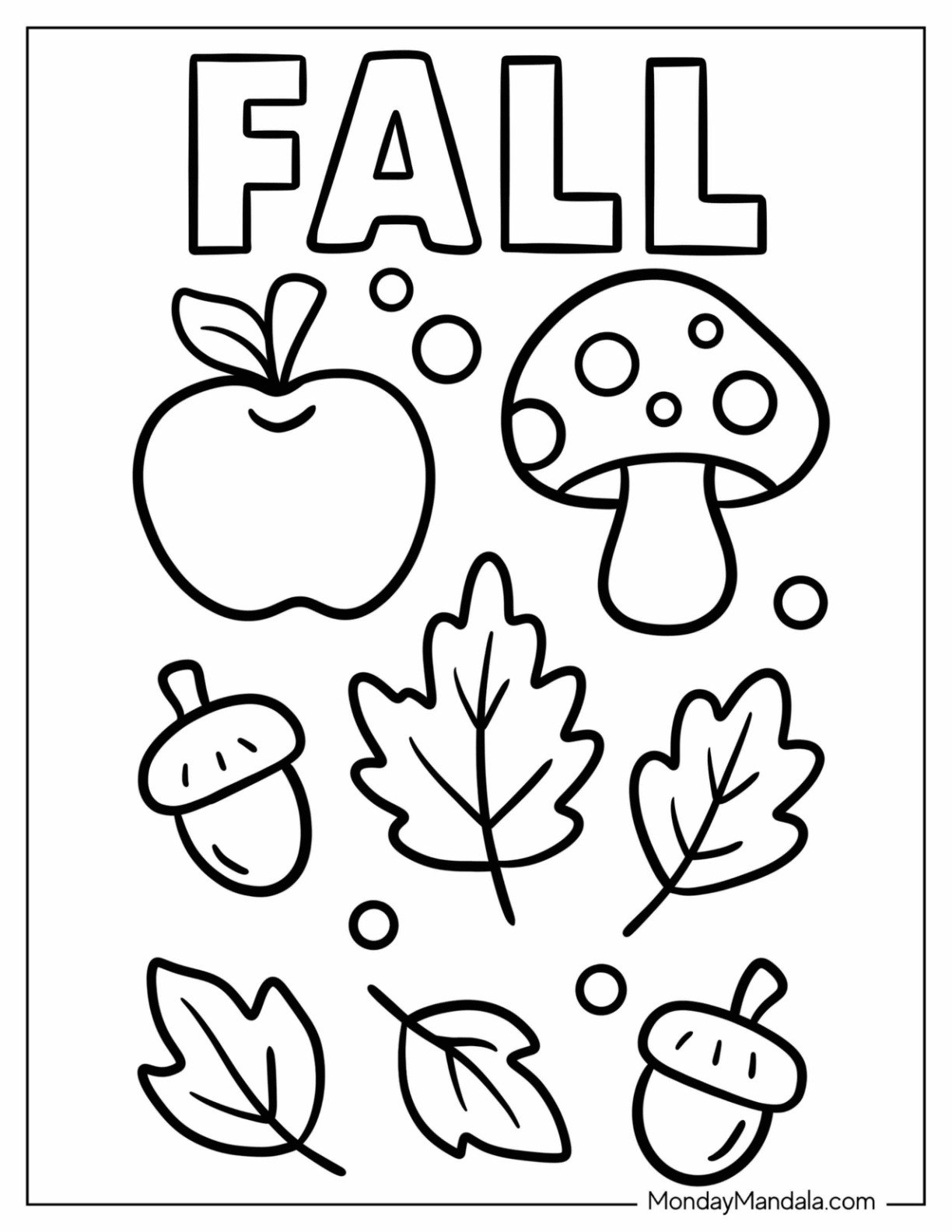 Simple Fall Harvest with Apple, Toadstool, and Foliage Coloring Sheet for Preschoolers
