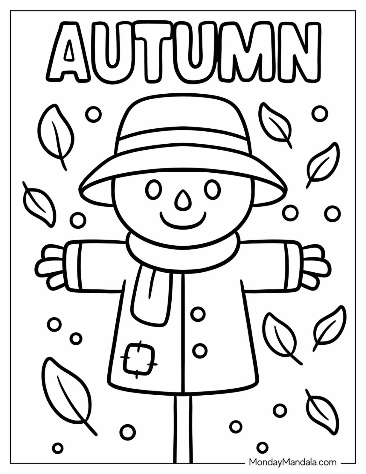 Simple Fall Scarecrow with Scarf and Hat Coloring Sheet for Preschoolers